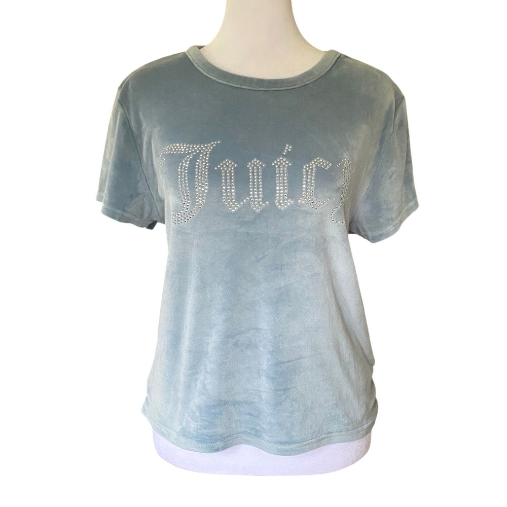 Juicy Couture Velour Rhinestone Blue Logo Shirt Top XL Fuzzy Soft Y2K Retro Diva